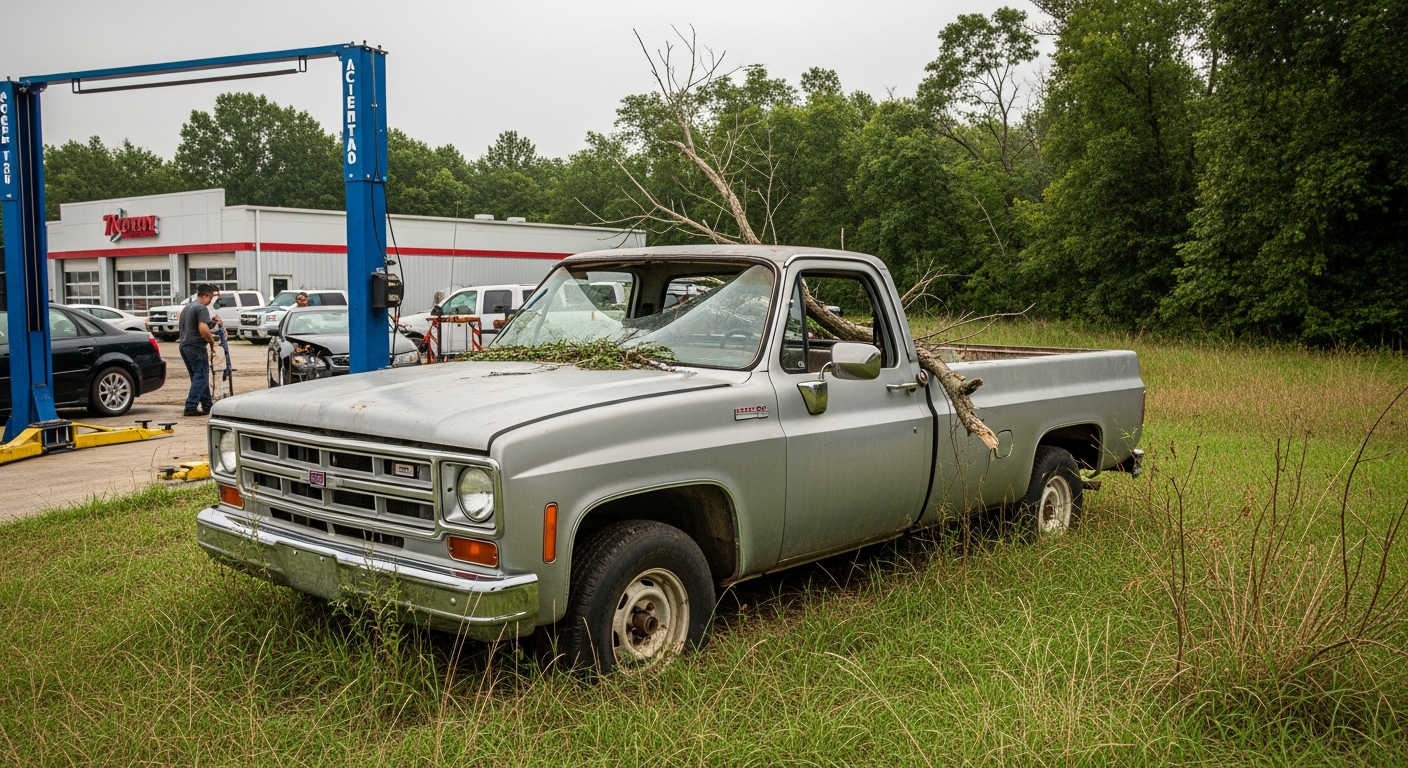 Wrecked truck with front-end collision damage bought for cash
