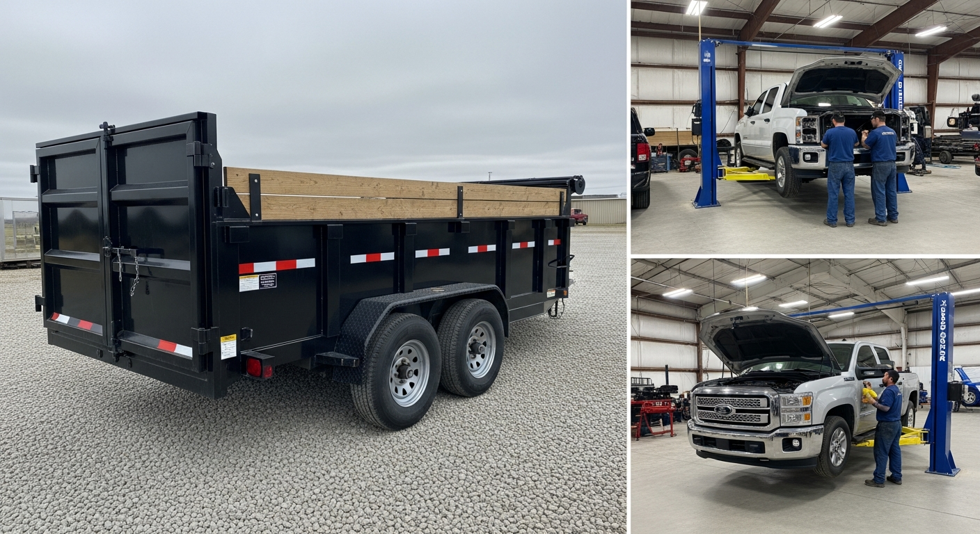 Mechanics servicing Ford Super Duty trucks on lifts next to a heavy-duty black dump trailer.
