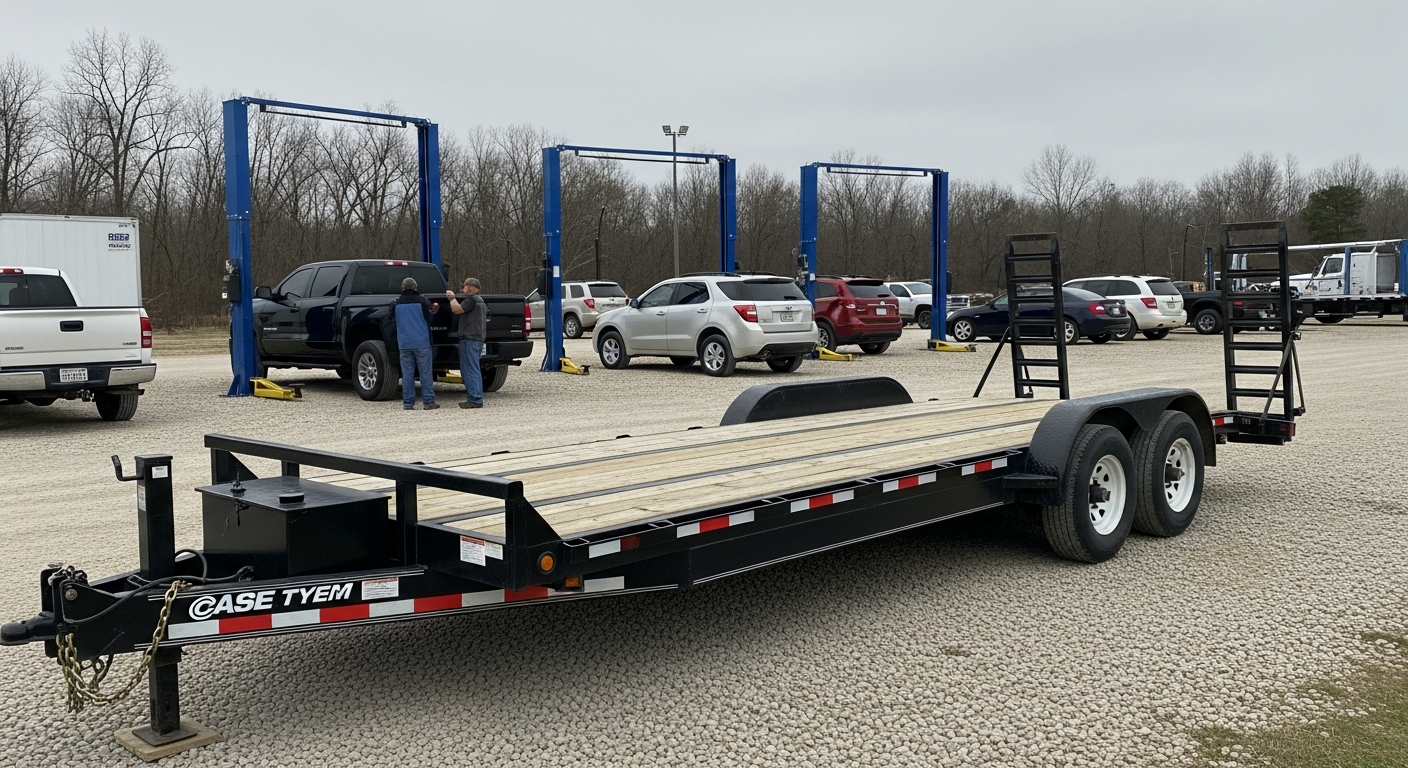 Flatbed truck hauling scrap equipment