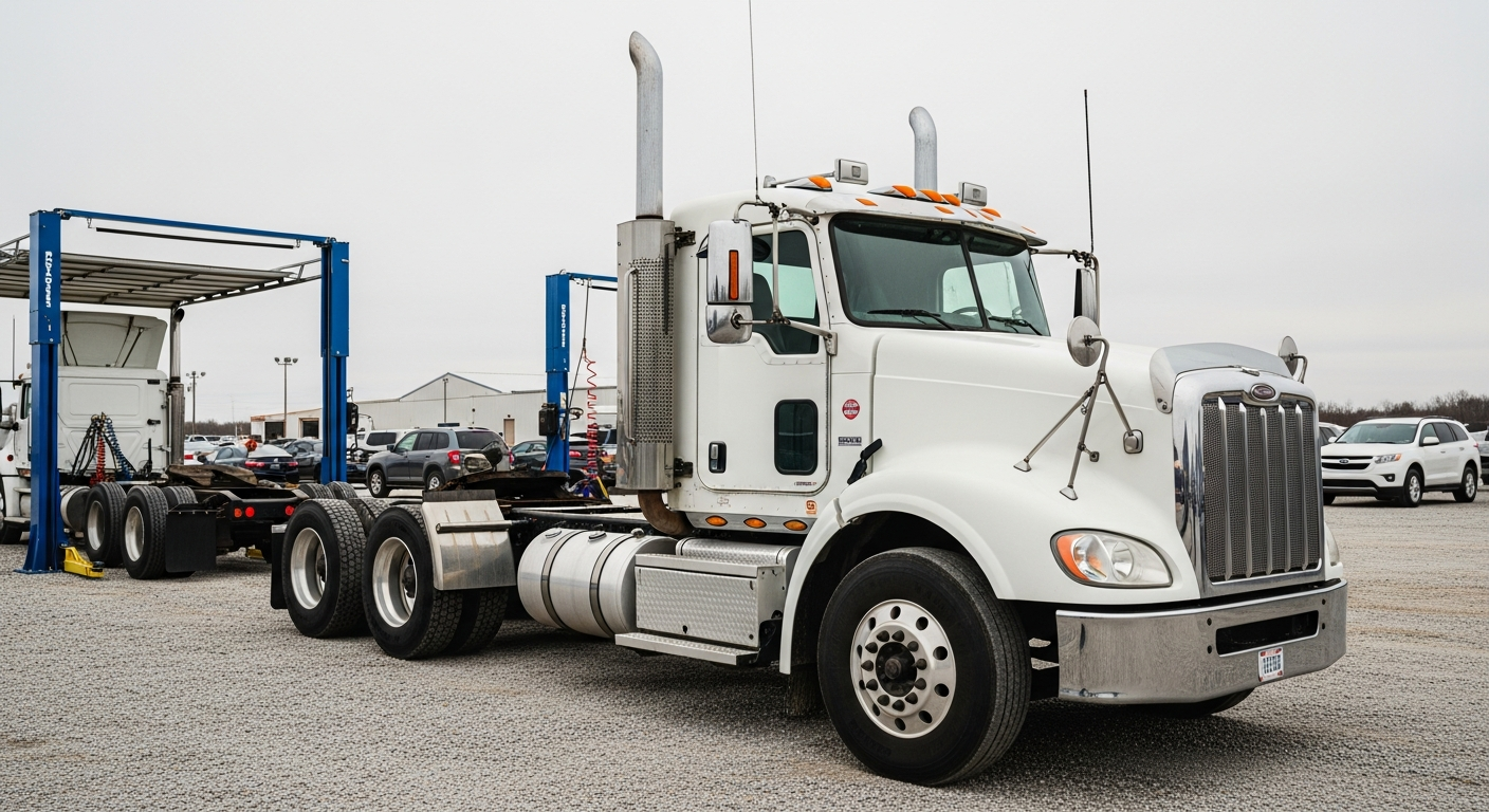 Rollback tow truck ready for same-day pickup at dusk