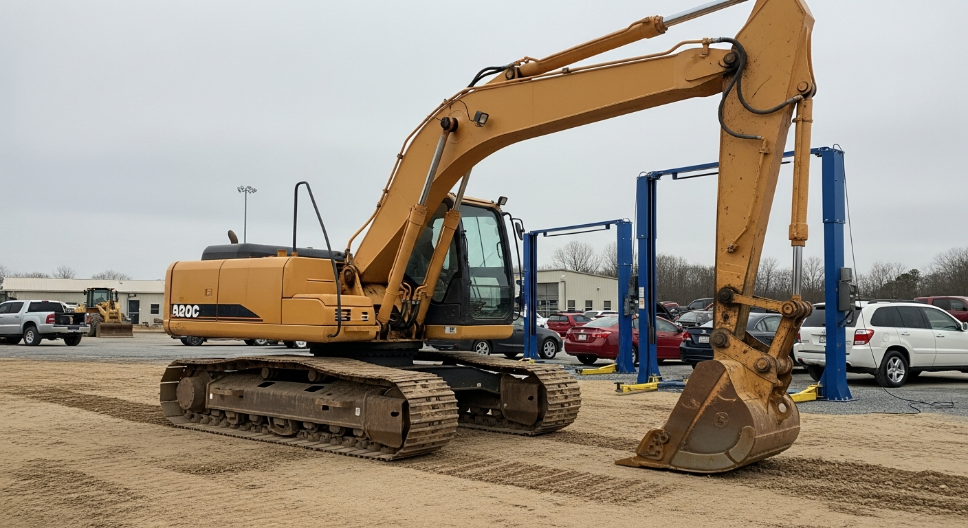 Excavator loaded on a lowboy trailer